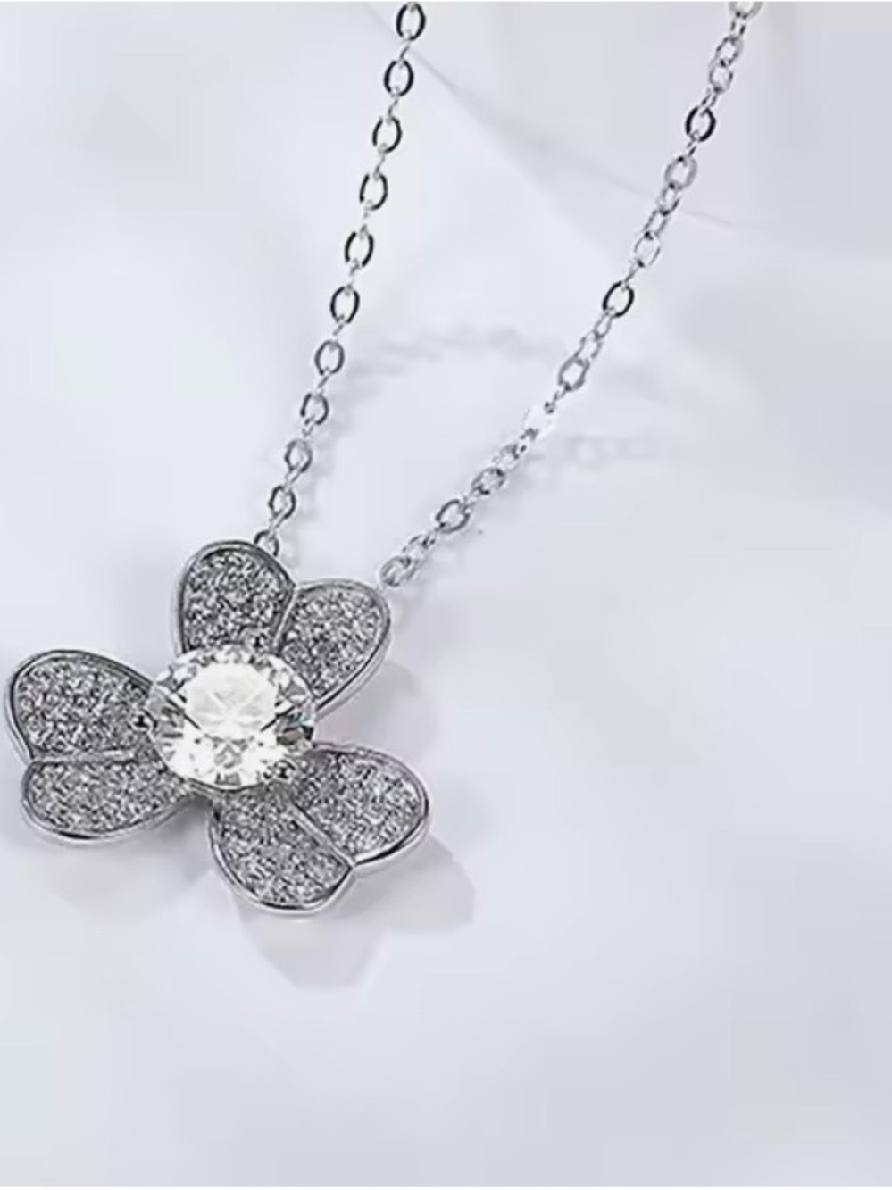 Silver Flower Clover Moissanite Pendant Necklace